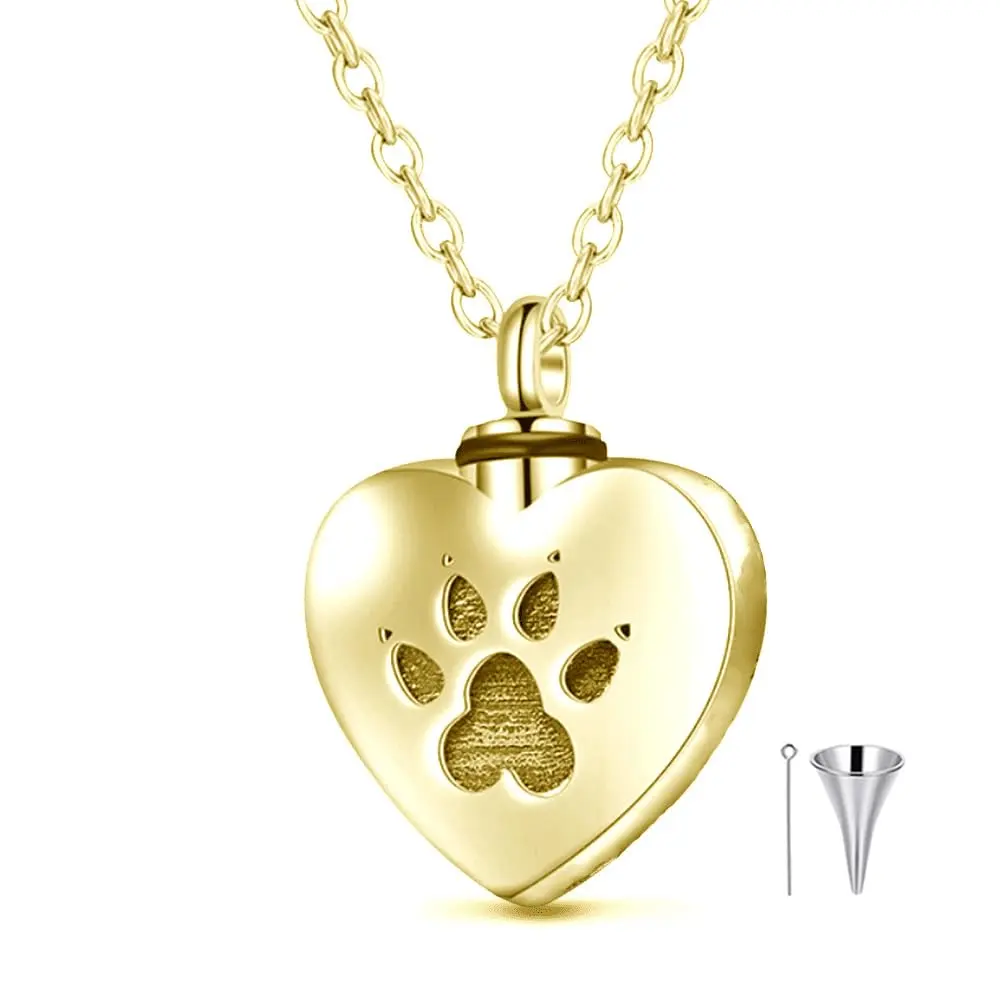 14K Gold Personalized Engraving Dog Paw & Heart Urn Necklace for Ashes-2