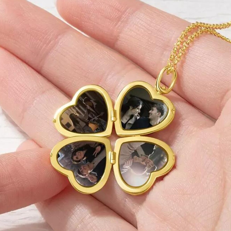 Gold Vermeil Personalized Engraving Four Leaf Clover Heart Photo Locket Necklace-4