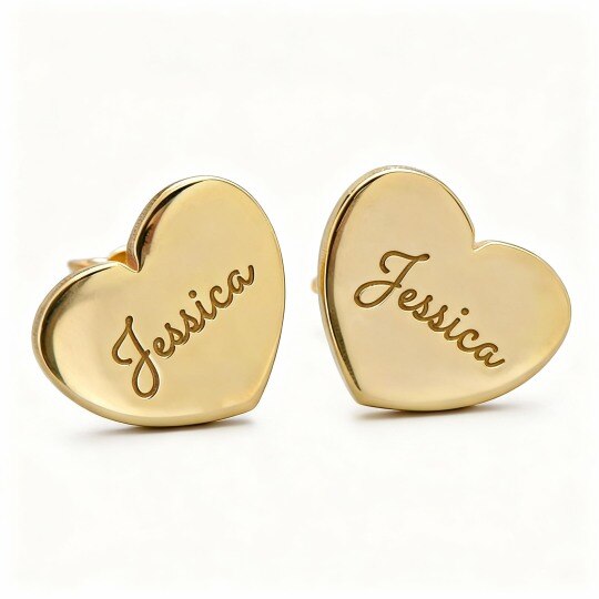 14K Gold Personalized Engraving & Heart Stud Earrings
