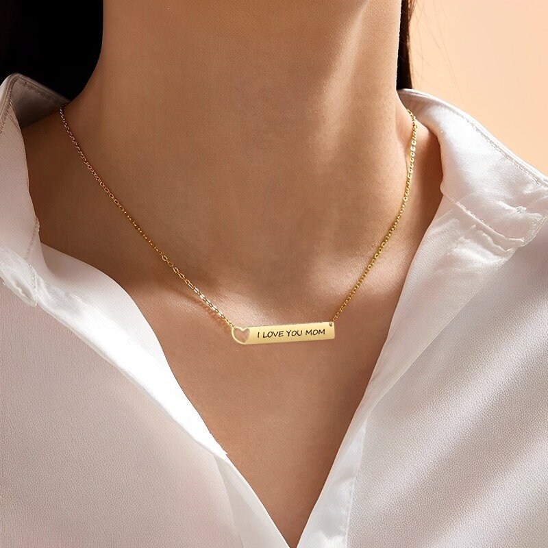 10K Gold Personalized Engraving & Heart Bar Necklace-2