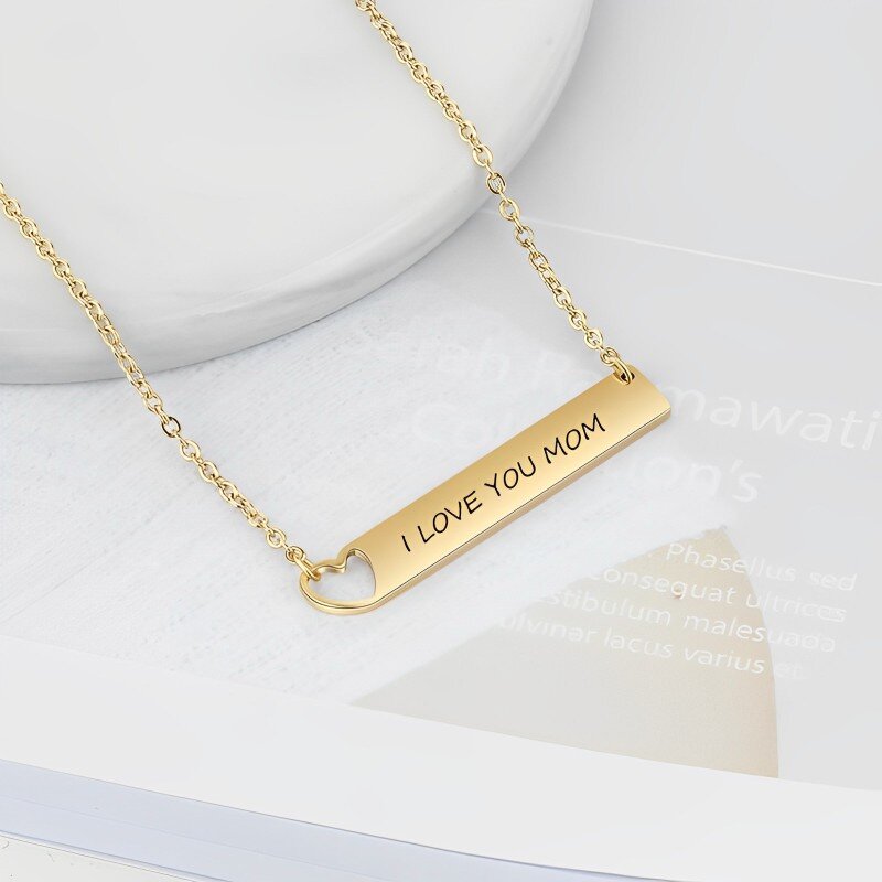 10K Gold Personalized Engraving & Heart Bar Necklace-3