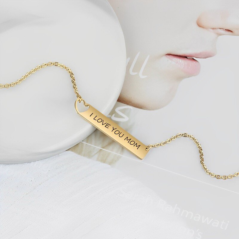 10K Gold Personalized Engraving & Heart Bar Necklace-4