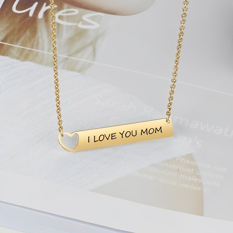 10K Gold Personalized Engraving & Heart Bar Necklace-5
