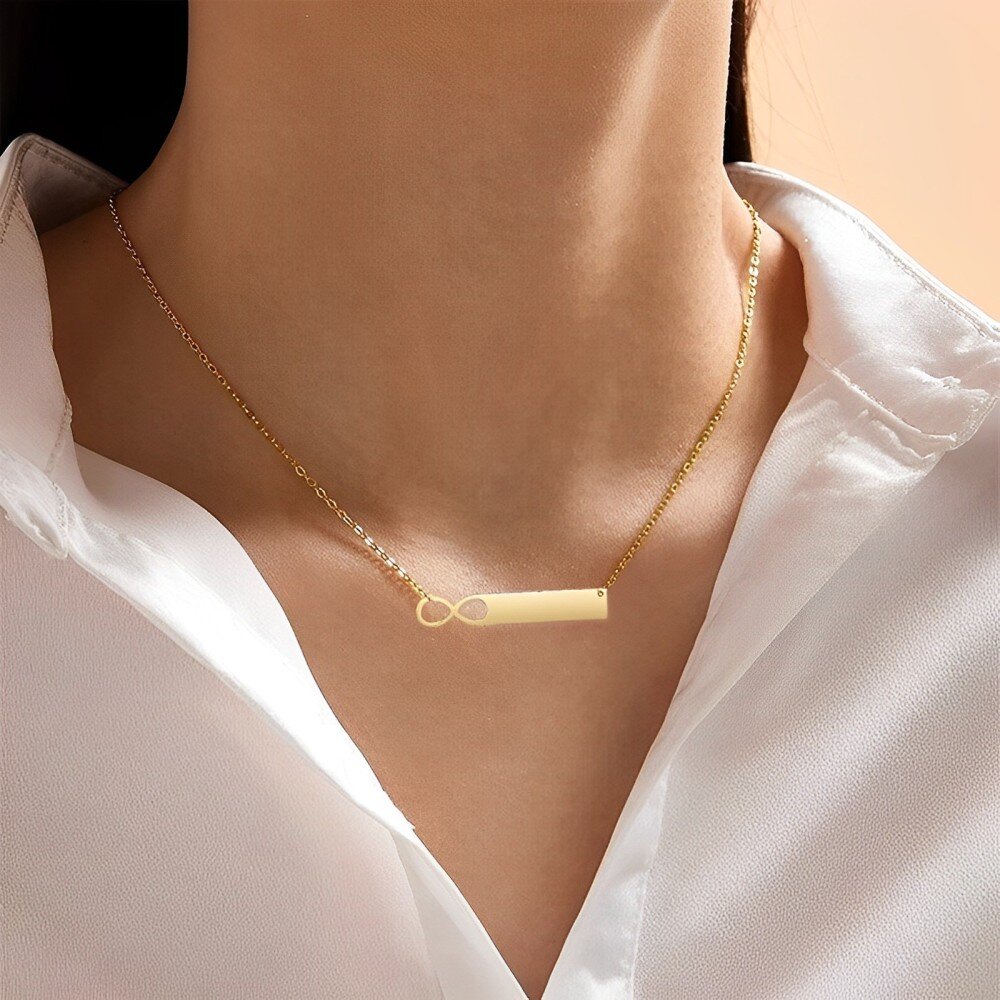 10K Gold Personalized Engraving & Infinity Symbol Bar Necklace-2
