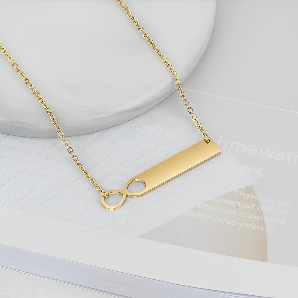 10K Gold Personalized Engraving & Infinity Symbol Bar Necklace-3