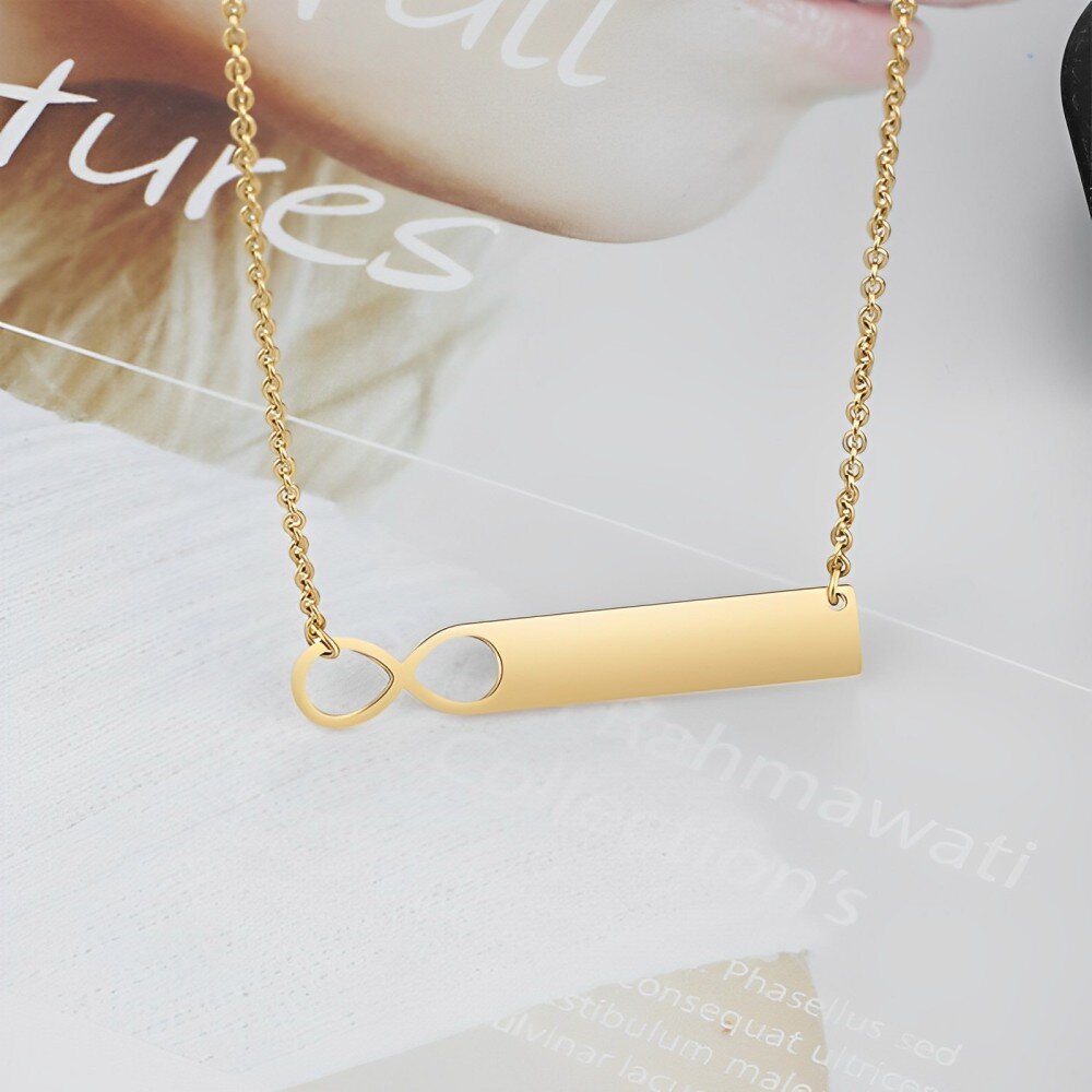 10K Gold Personalized Engraving & Infinity Symbol Bar Necklace-4