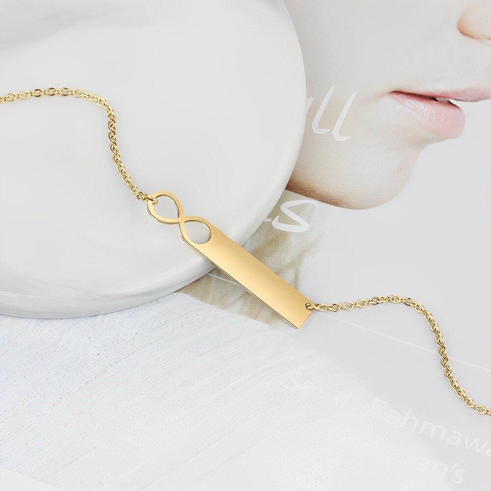 10K Gold Personalized Engraving & Infinity Symbol Bar Necklace-5