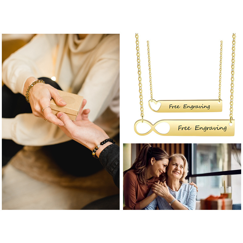 10K Gold Personalized Engraving & Infinity Symbol Bar Necklace-6