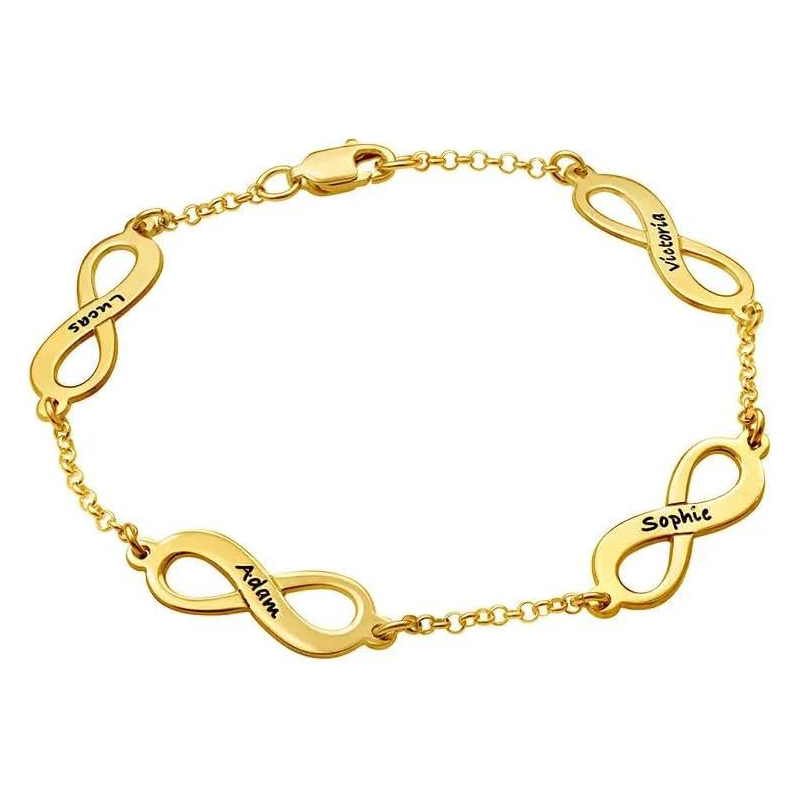 Pulseira com pingente de símbolo do infinito com gravura personalizada em ouro 14K para mulheres-1