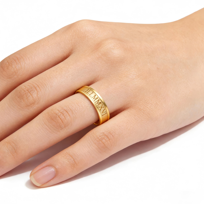Anillo de oro de 14 quilates con grabado personalizado y números romanos-2