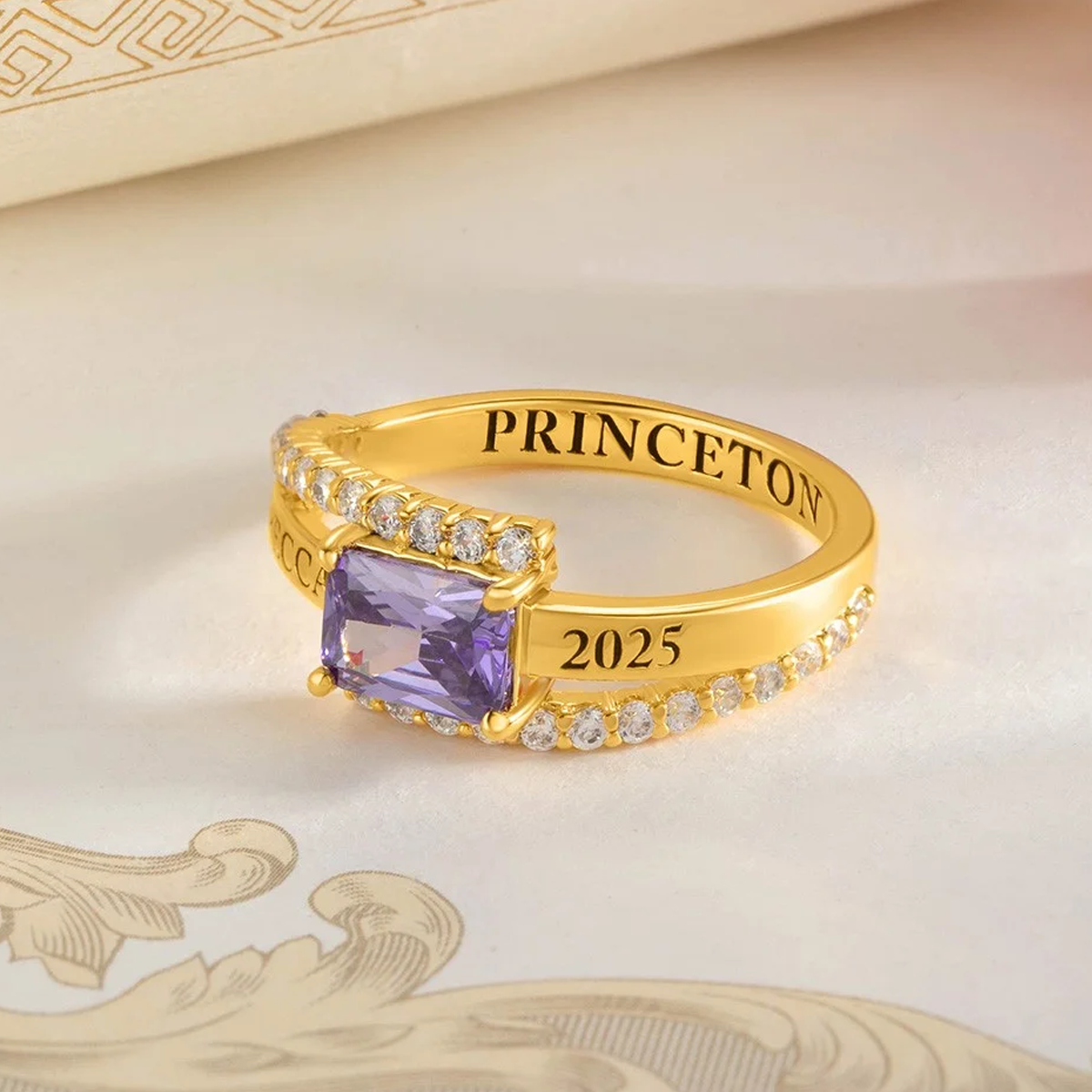 14K Gold Personalized Engraved Graduation Ring with Square Birthstone, High School University Class Ring-3