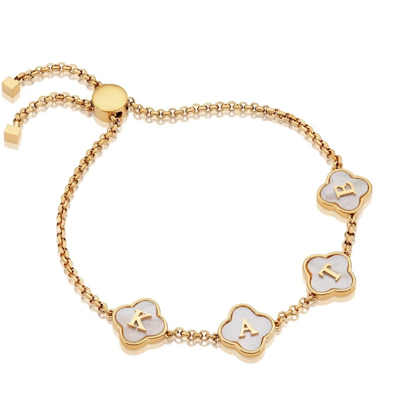 10K Gold Personalized Initial Flowers Charm Bracelet for Women-1