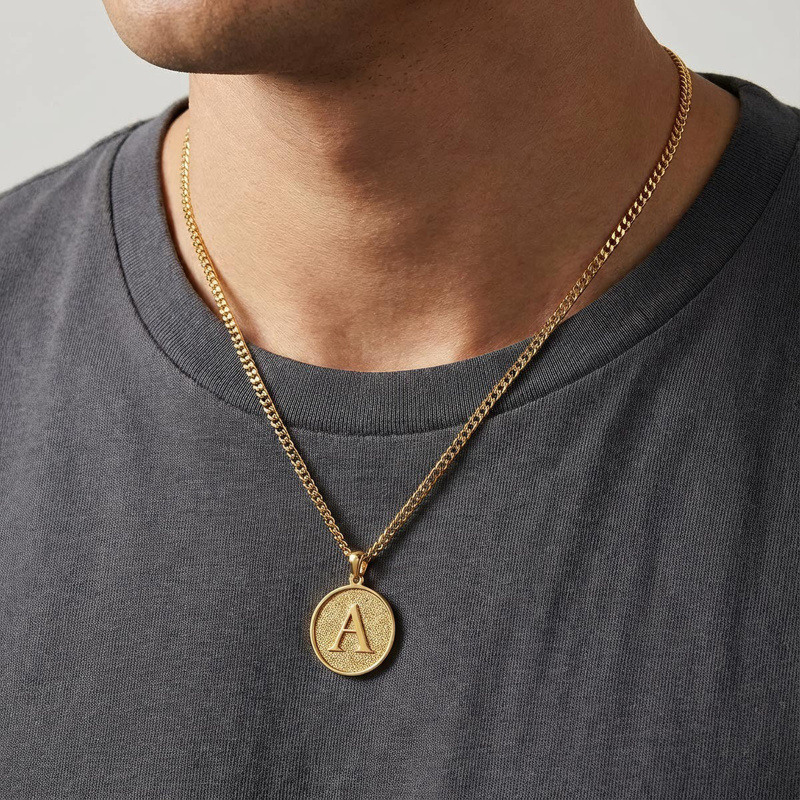 10K Gold Personalized Initial Letter Coin Necklace for Men-2