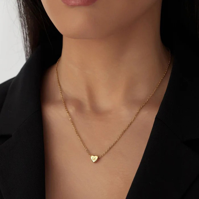 Collar de oro de 14 quilates con inicial personalizada y corazón para mujer-2
