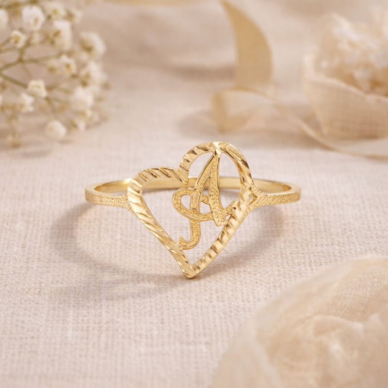 14K Gold Personalized Initial Letter & Heart Initial Ring-3