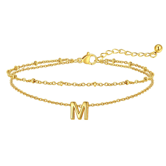 Bracelet de cheville multicouche personnalisé en or 14 carats avec initiales