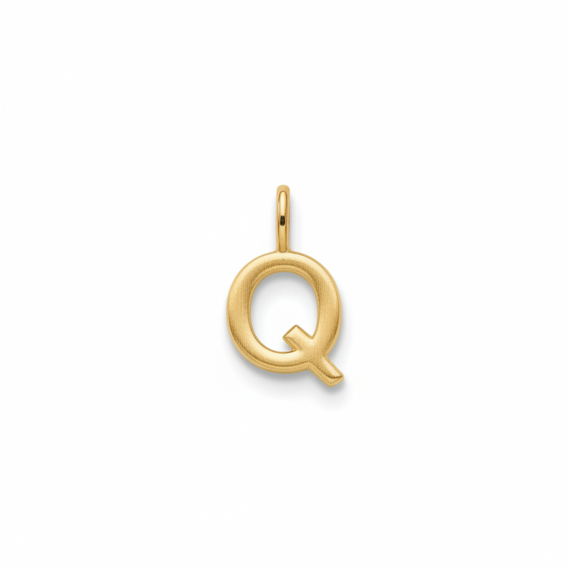 Encuentra la elegancia de nuestros colgantes personalizados de oro de 14 quilates con una letra inicial, diseñados para resaltar tu individualidad con una elegante letra inicial, como la encantadora «Q». Estos colgantes unisex aportan un toque moderno a cualquier colección de joyería, convirtiéndolos en el accesorio perfecto tanto para hombres como para mujeres que aprecian la moda refinada sin el brillo de las piedras.-1