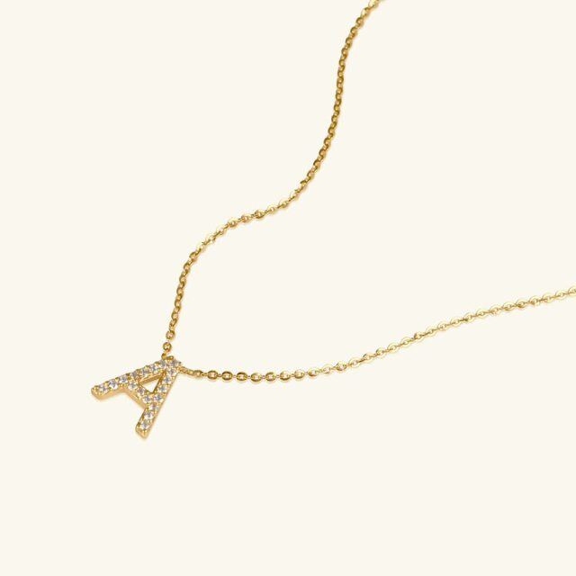 Collana con pendente con lettera iniziale personalizzata in oro 14K con zirconi-4