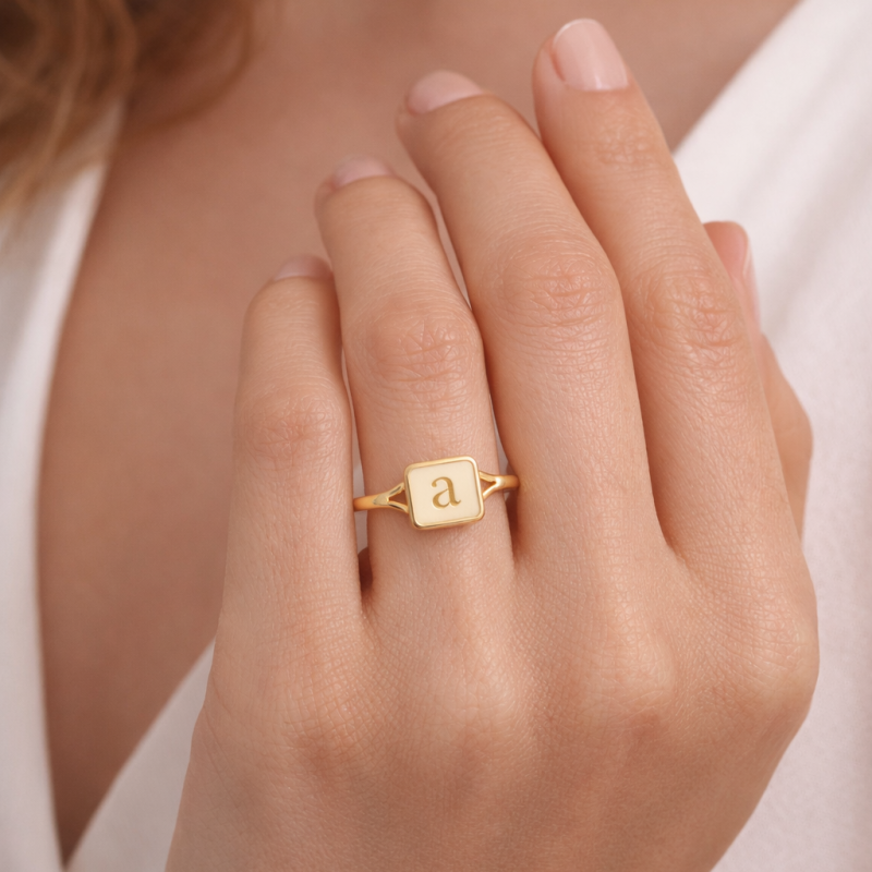 18K Gold Personalized Initial Letter & Square Initial Ring-2