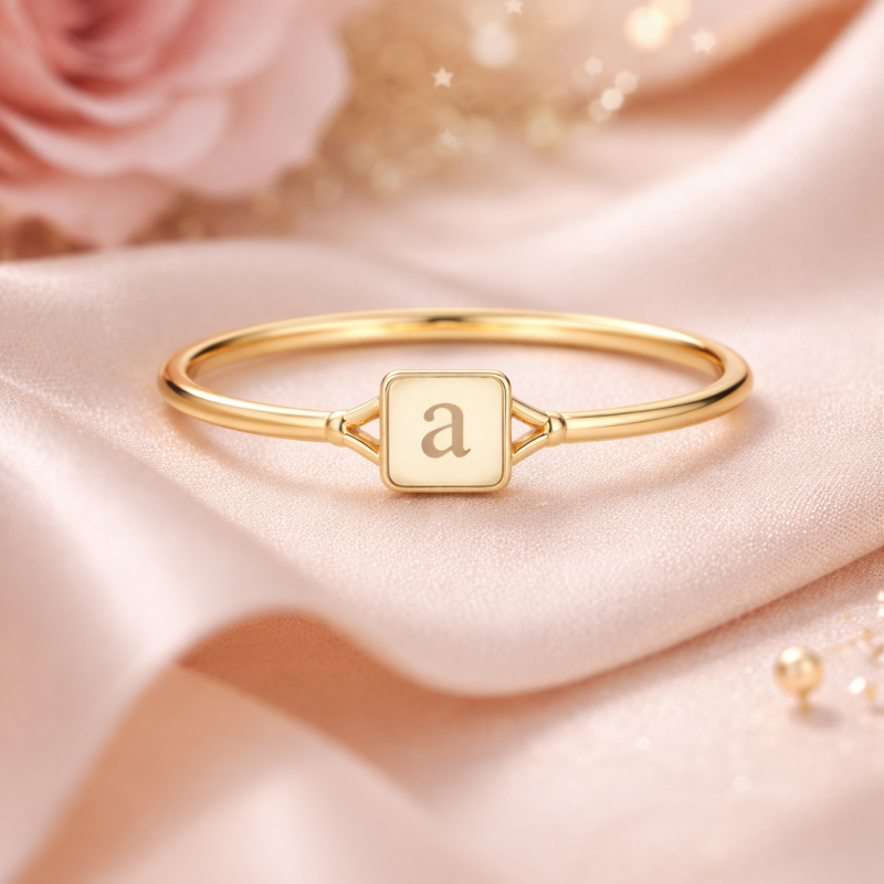 18K Gold Personalized Initial Letter & Square Initial Ring-3