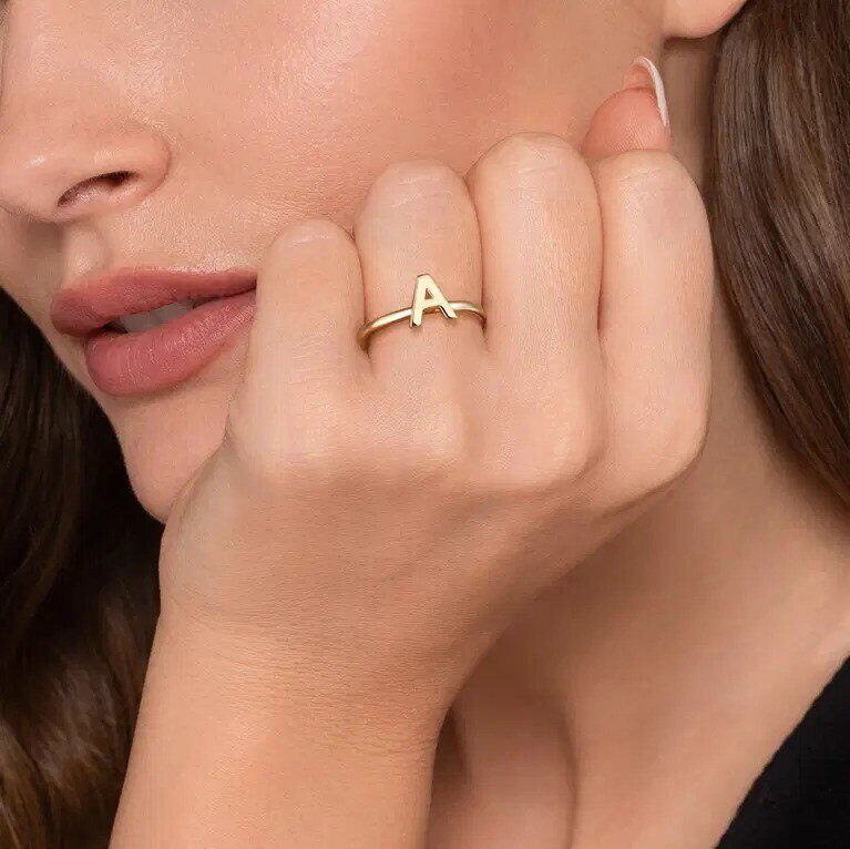 14K Gold Personalized Initial Letter Stackable Ring with Initial Letter A-2