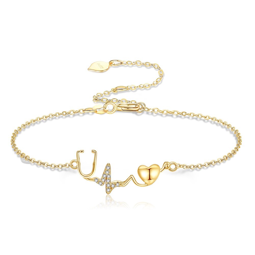 10K Gold Cubic Zirconia Personalized Initial Letter & Stethoscope Bracelet for Women-1