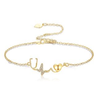 10K Gold Cubic Zirconia Personalized Initial Letter & Stethoscope Bracelet for Women-3