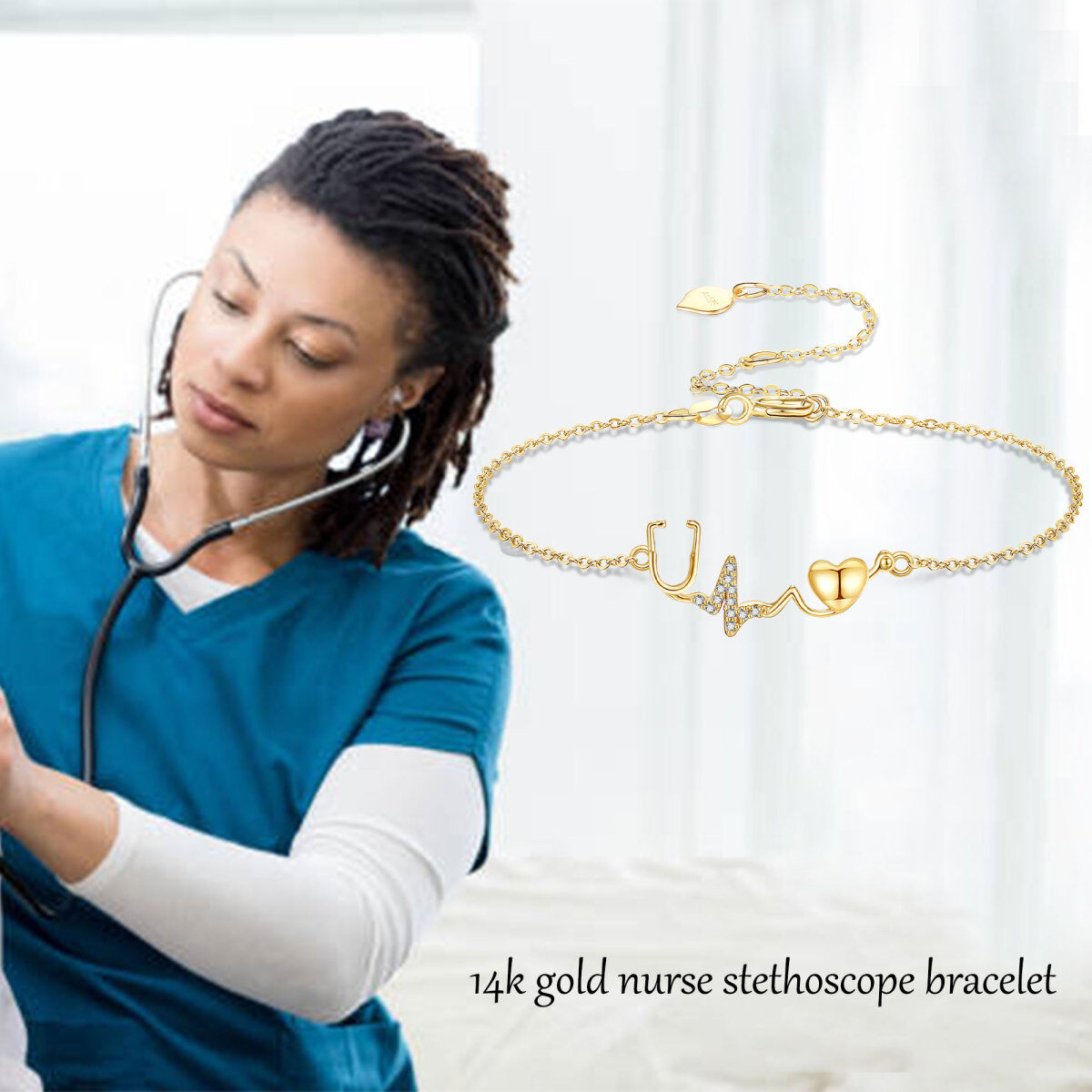 10K Gold Cubic Zirconia Personalized Initial Letter & Stethoscope Bracelet for Women-3