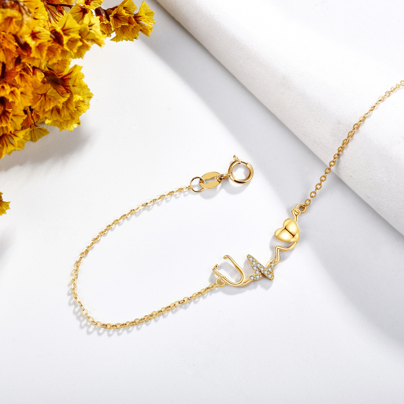 18K Gold Cubic Zirconia Personalized Initial Letter & Stethoscope Bracelet for Women-4