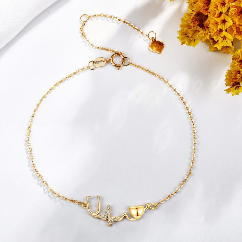 18K Gold Cubic Zirconia Personalized Initial Letter & Stethoscope Bracelet for Women-5