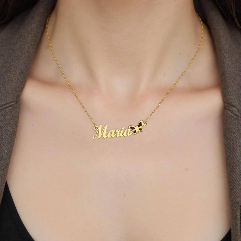 Collar de mariposa con nombre personalizado en oro de 14 quilates para mujer-2