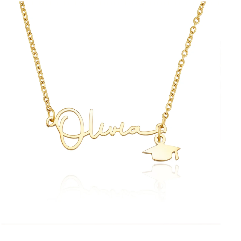 10K Gold Personalized Name Graduation Cap Necklace, High School College Class of 2025 Graduation Jewelry-13