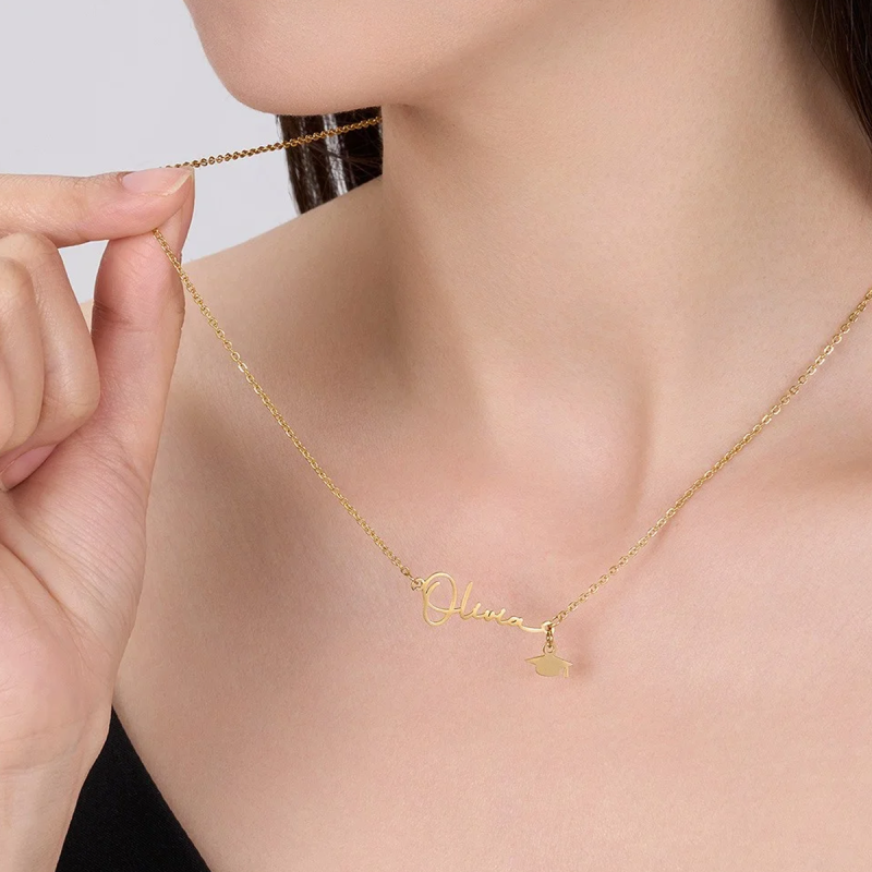 14K Gold Personalized Name Graduation Cap Necklace, High School College Class of 2025 Graduation Jewelry-2