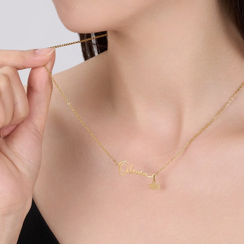 14K Gold Personalized Name Graduation Cap Necklace, High School College Class of 2025 Graduation Jewelry-3