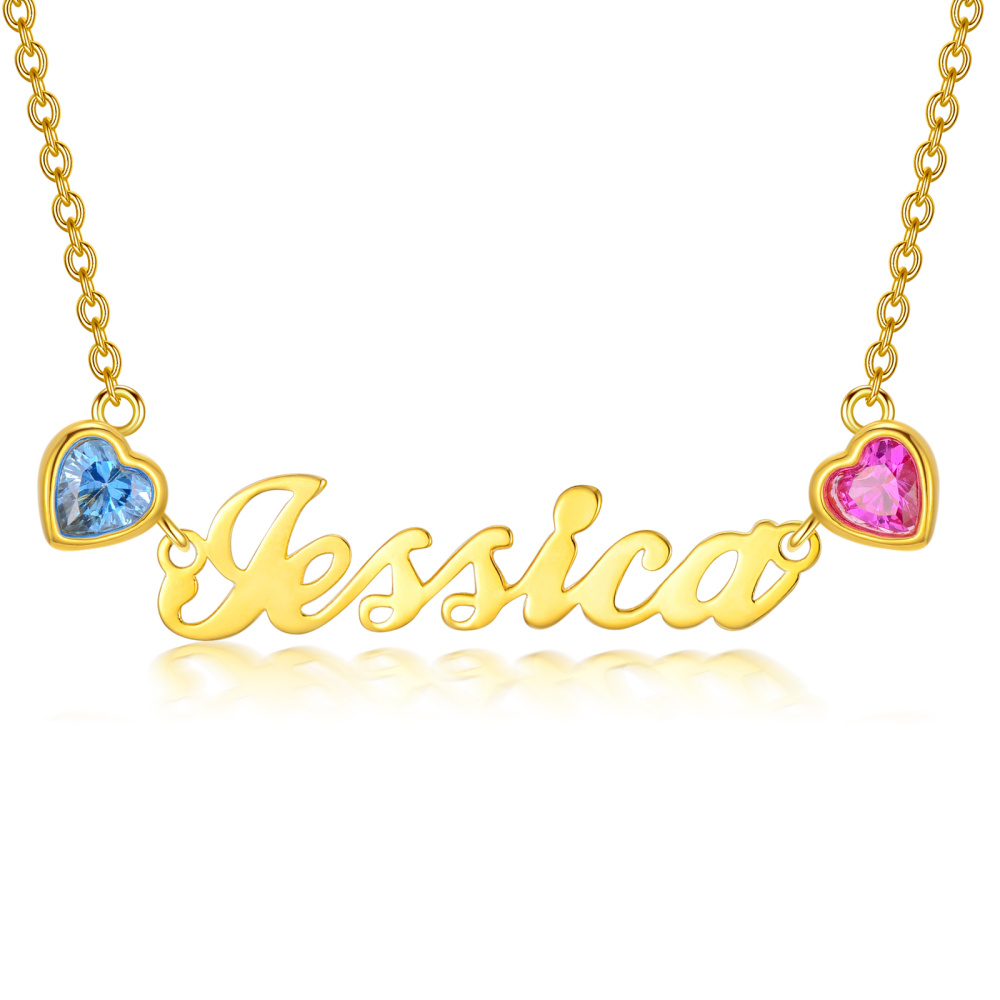 18K Gold Personalized Name Heart Birthstone Pendant Necklace-1