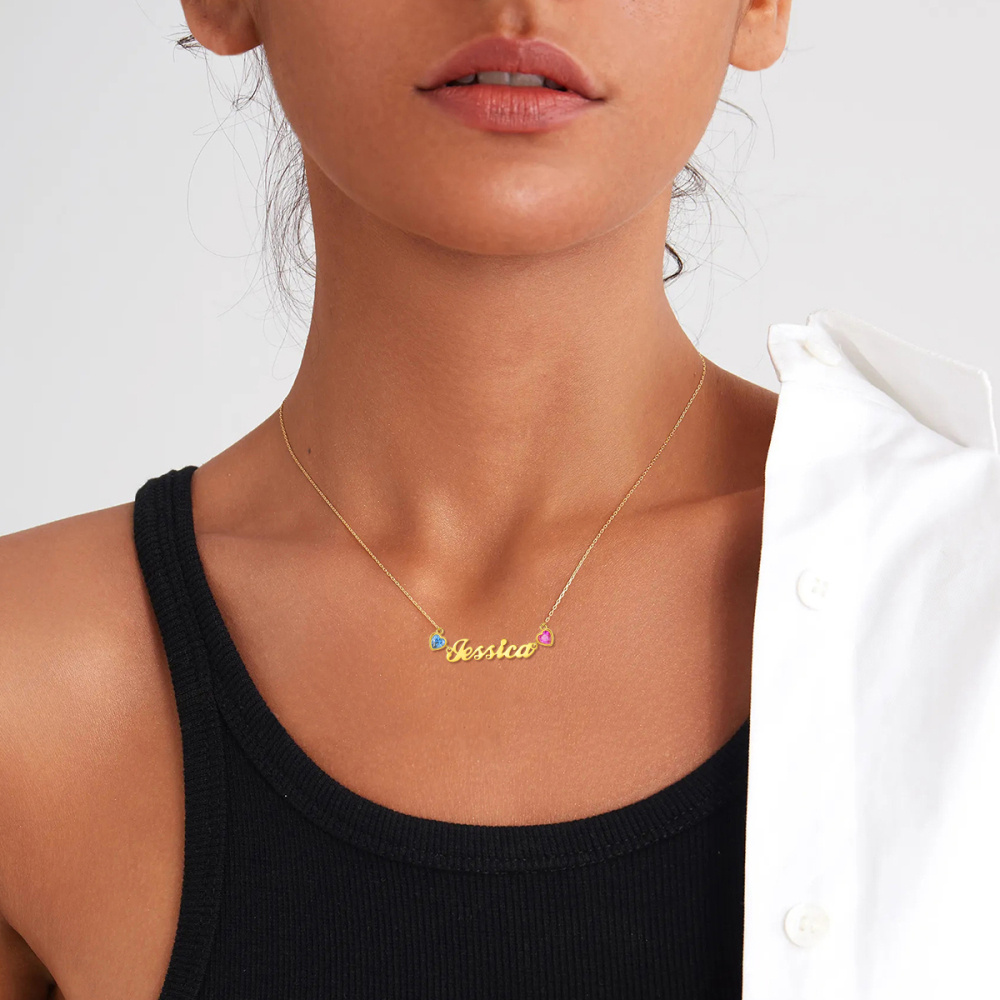 18K Gold Personalized Name Heart Birthstone Pendant Necklace-2