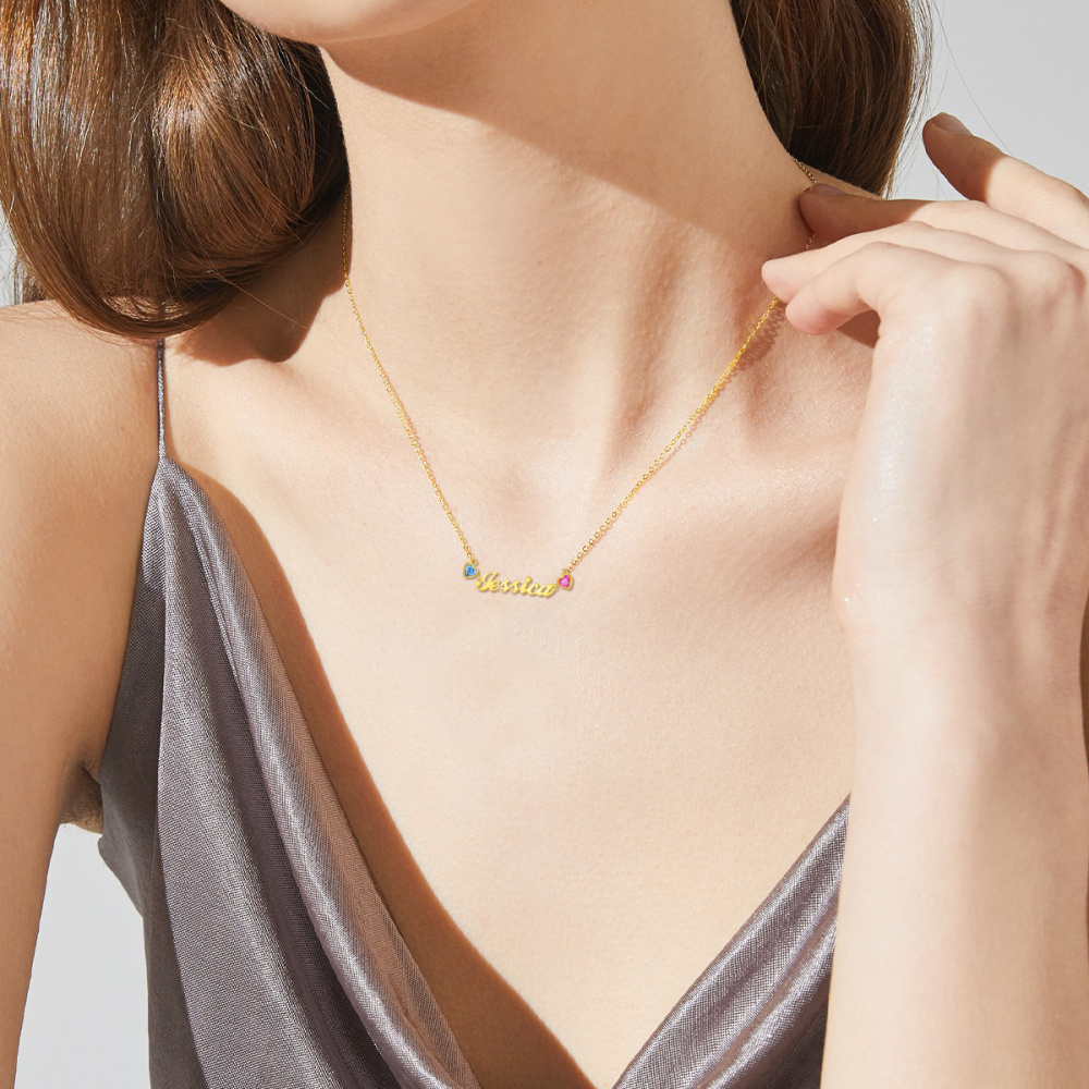 18K Gold Personalized Name Heart Birthstone Pendant Necklace-3