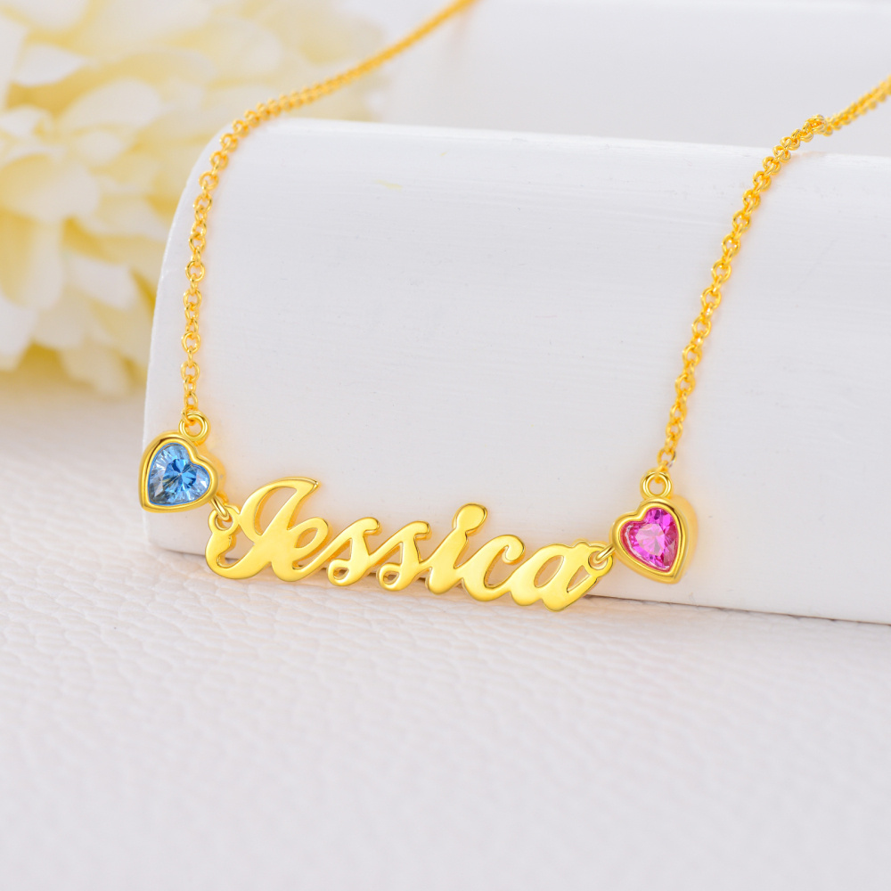 18K Gold Personalized Name Heart Birthstone Pendant Necklace-4