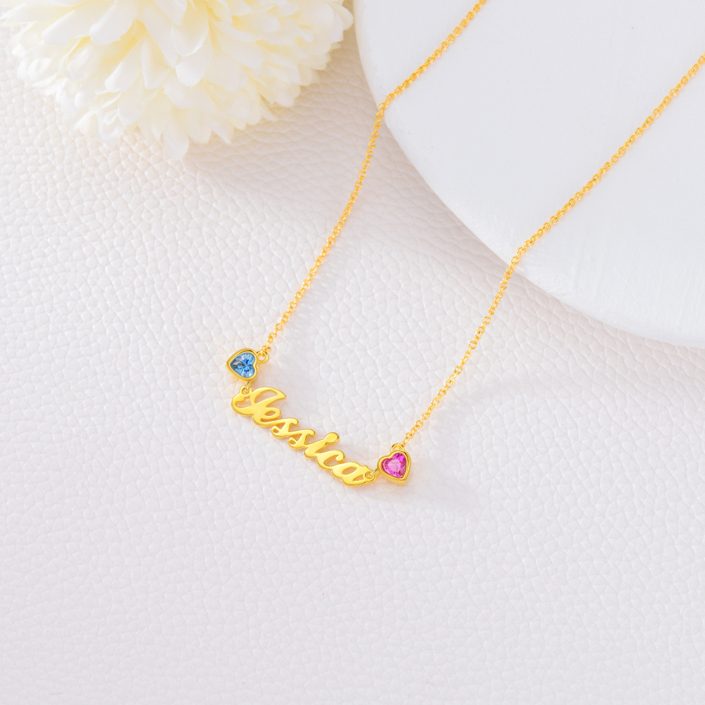 18K Gold Personalized Name Heart Birthstone Pendant Necklace-5