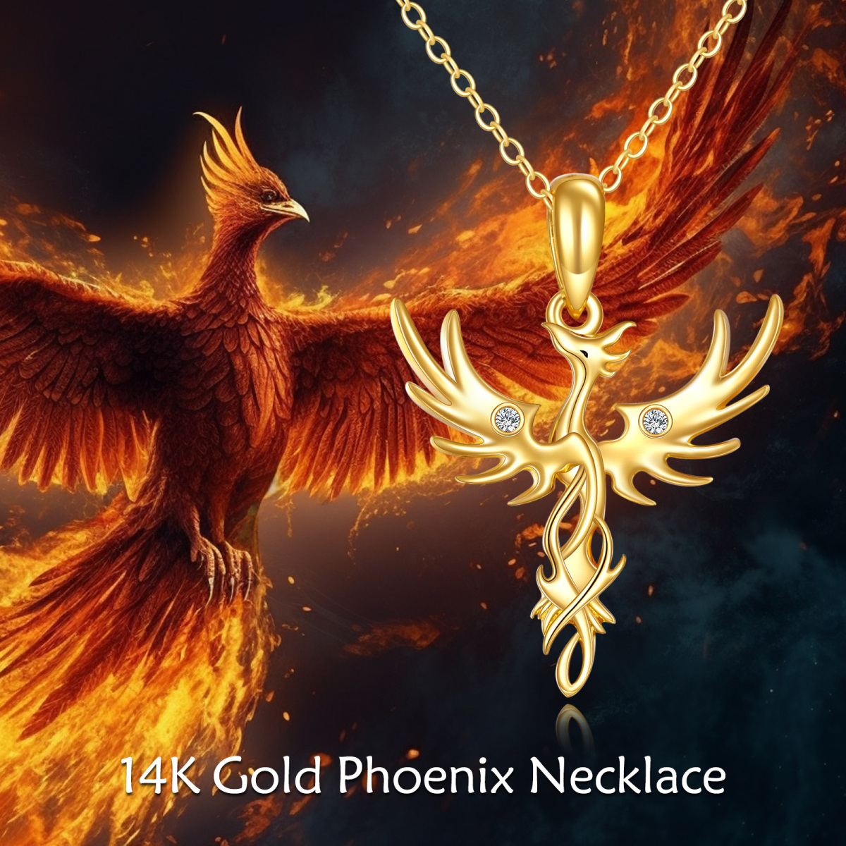 Collar con colgante de fénix de circonita cúbica en oro de 14 quilates-6