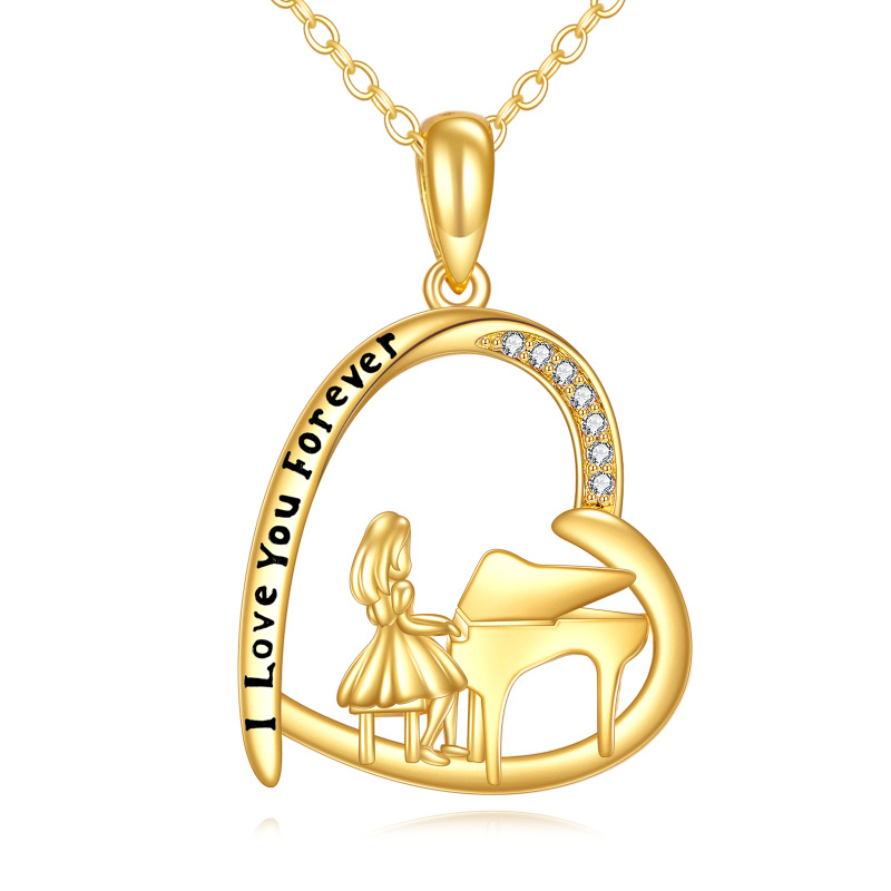 10K Gold Cubic Zirconia Piano Girl Pendant Necklace-1