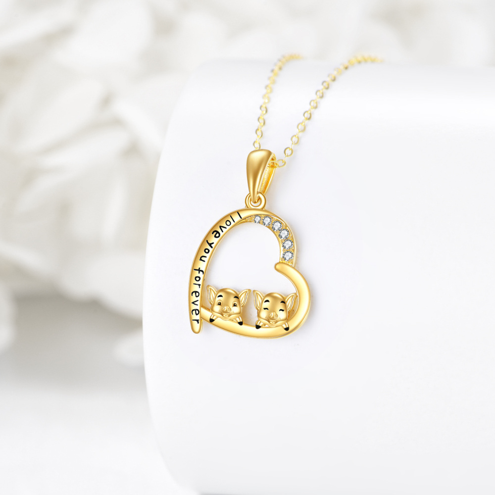 10K Gold Cubic Zirconia Pig & Heart Pendant Necklace with Engraved Word-4