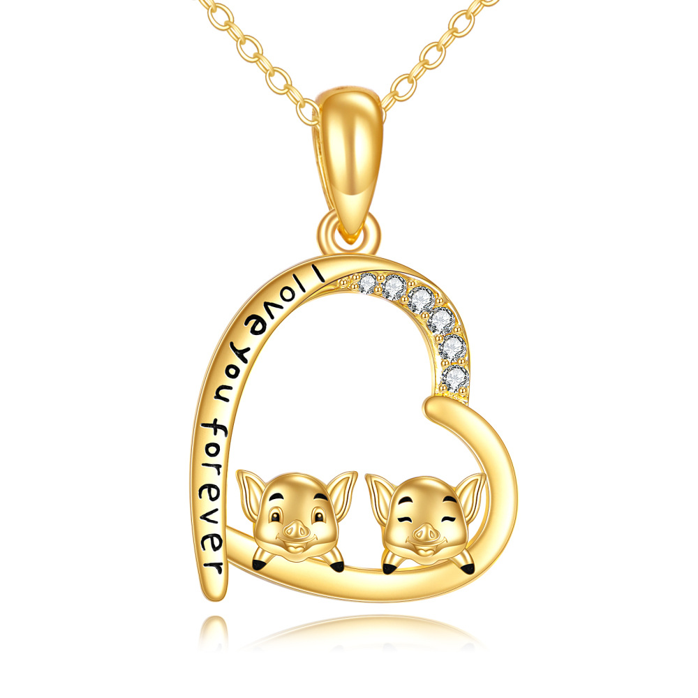 10K Gold Cubic Zirconia Pig & Heart Pendant Necklace with Engraved Word-1