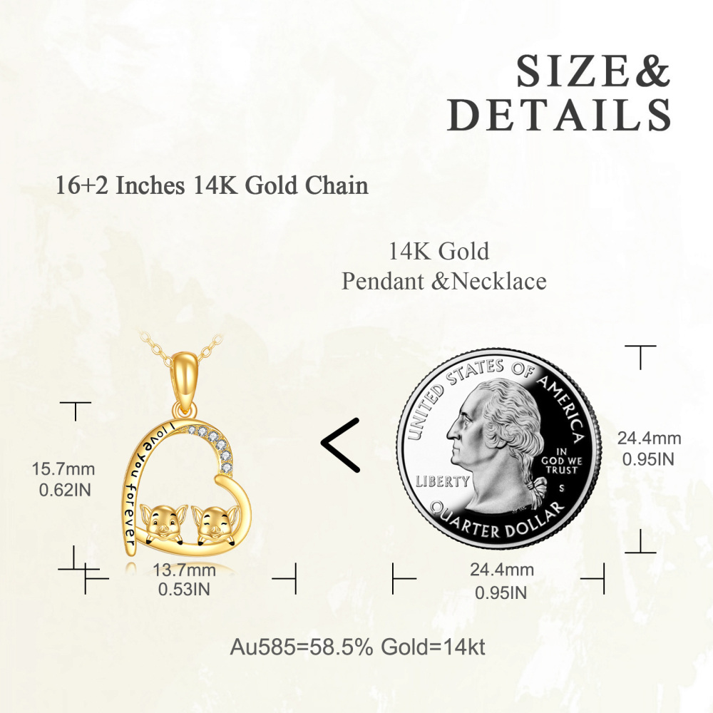 10K Gold Cubic Zirconia Pig & Heart Pendant Necklace with Engraved Word-6