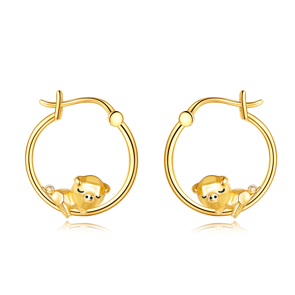 10K Gold Pig Hoop Earrings-1