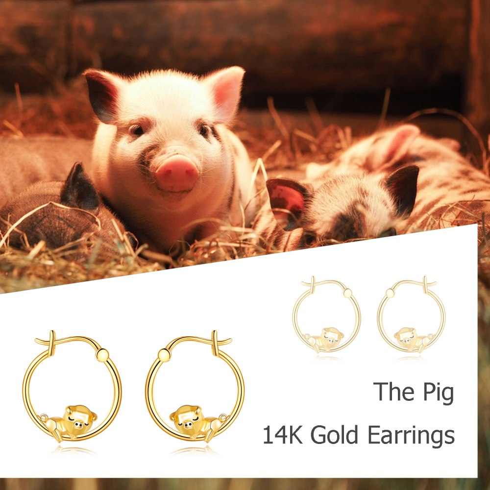 10K Gold Pig Hoop Earrings-6
