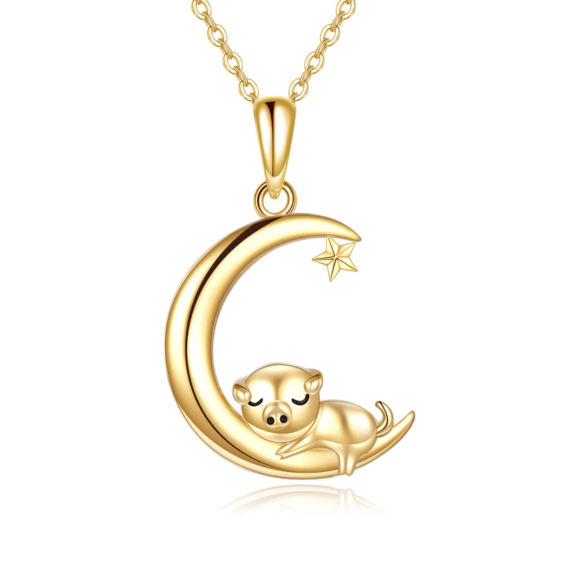 Collier avec pendentif cochon et lune en or 14K