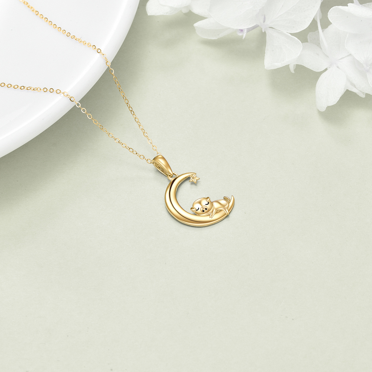 14K Gold Pig & Moon Pendant Necklace-4