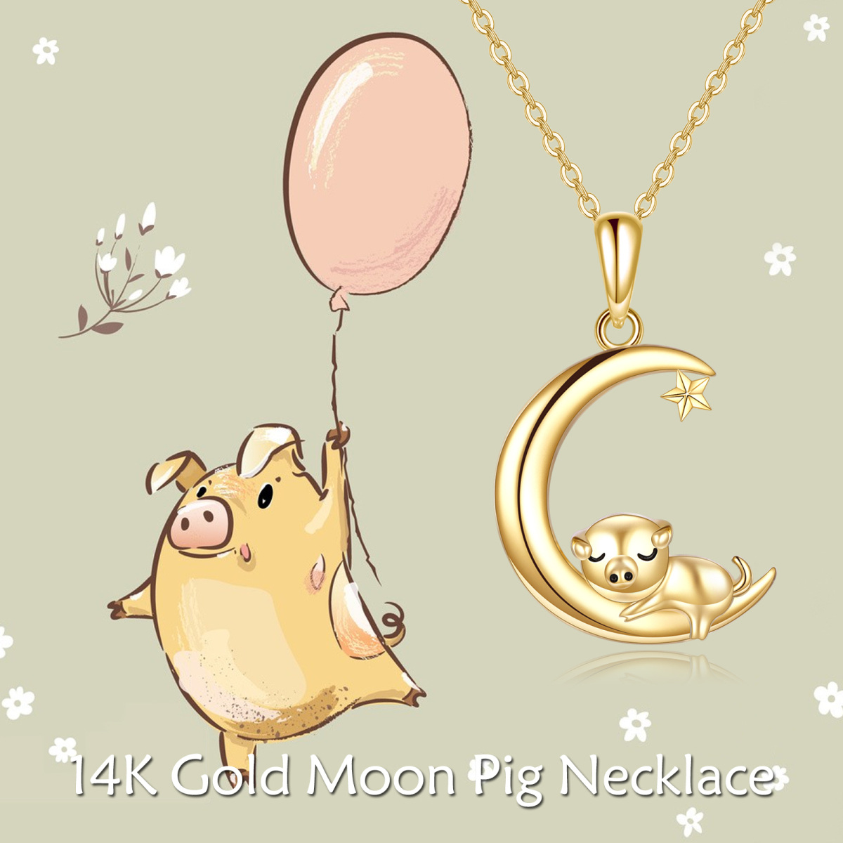 10K Gold Pig & Moon Pendant Necklace-5