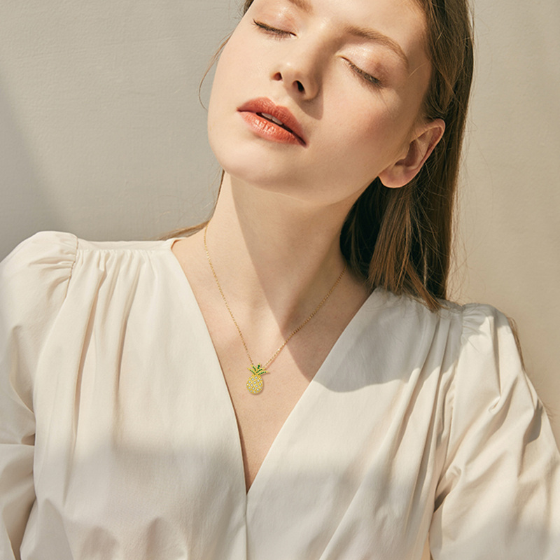 Collar de piña con circonitas cúbicas y oro de 14 quilates para mujer-2